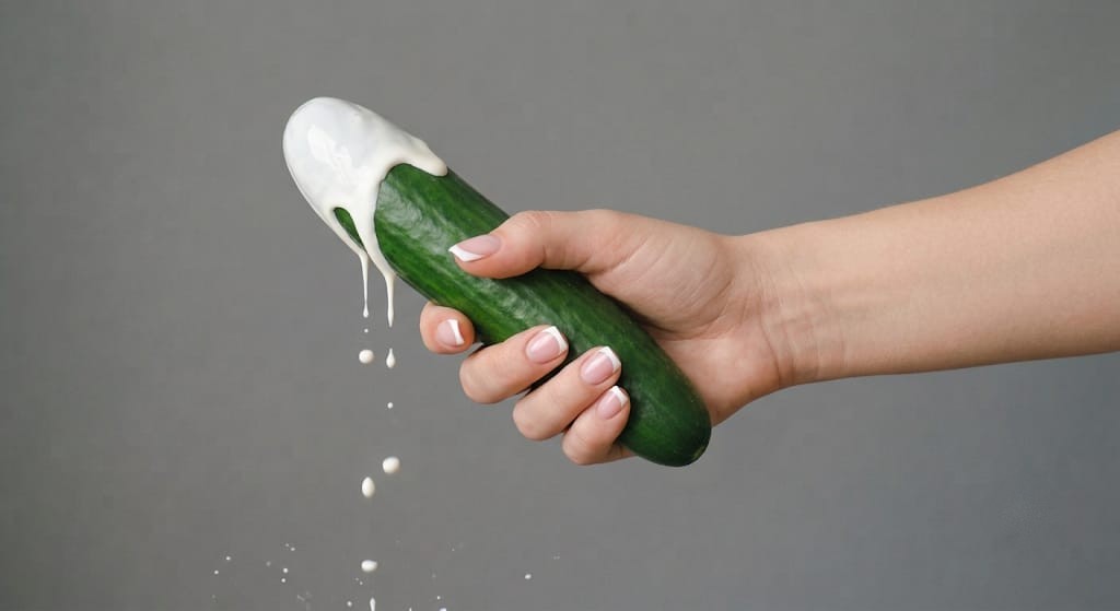 A hand holding a cucumber with a drip of cream against a plain grey studio background